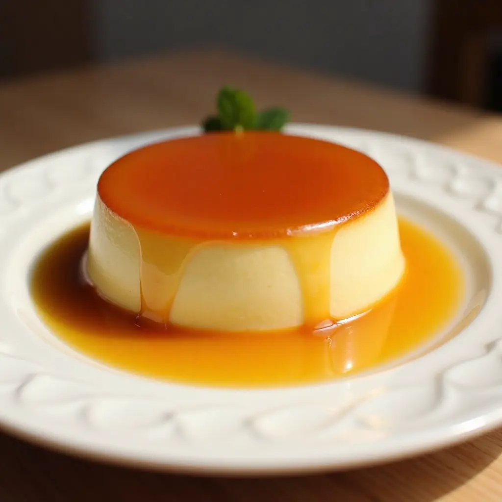 The image shows a beautiful flan, a classic custard dessert. It has a smooth, creamy texture and a rich, golden-brown caramelized top. The caramel has a glossy sheen and looks incredibly appetizing. The flan is resting on a white plate with a pool of caramel sauce surrounding it, suggesting a decadent and indulgent treat. It looks absolutely delicious and ready to be enjoyed!