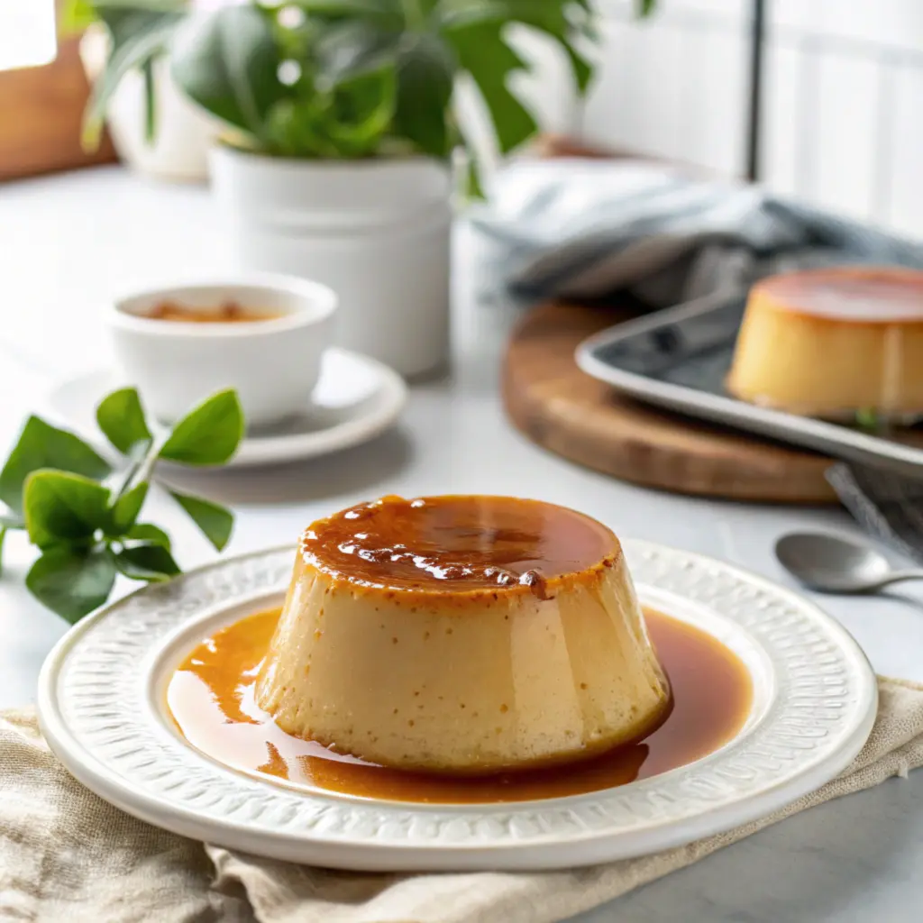 a delicious-looking flan dessert. The flan is a creamy, golden-brown custard with a smooth, shiny surface. It's resting on a white plate with a decorative rim, and there's a pool of rich caramel sauce around it. The background is bright and inviting, with a hint of greenery.