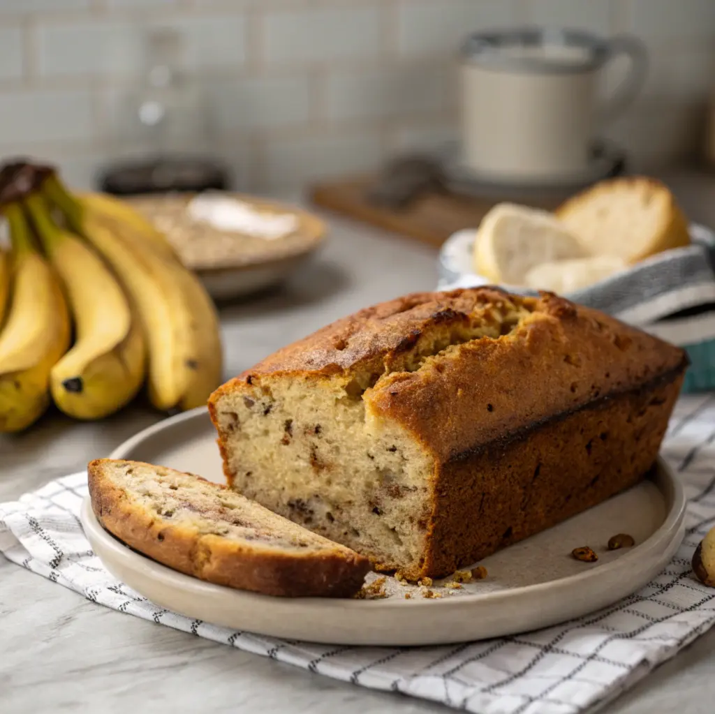 A close-up image of a freshly baked banana bread loaf, sliced in half. The bread has a golden brown crust and a moist, speckled interior with visible banana flecks. The loaf is resting on a plate or surface, with a blurred background suggesting a kitchen setting.