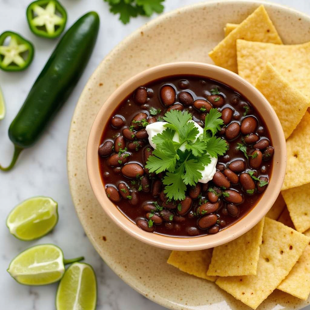 Black Bean Soup, Sliced jalapeños, Tortilla chips or strips, Lime wedges, Chopped cilantro on top