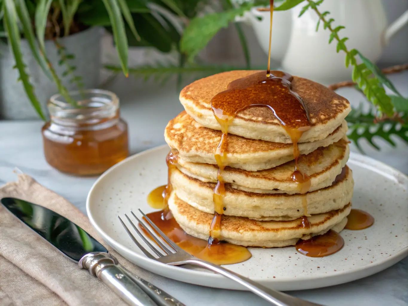 A mouthwatering close-up of golden-brown pancakes piled high, with amber syrup dripping seductively down the sides, displayed on a white plate with a fork and knife beside it.