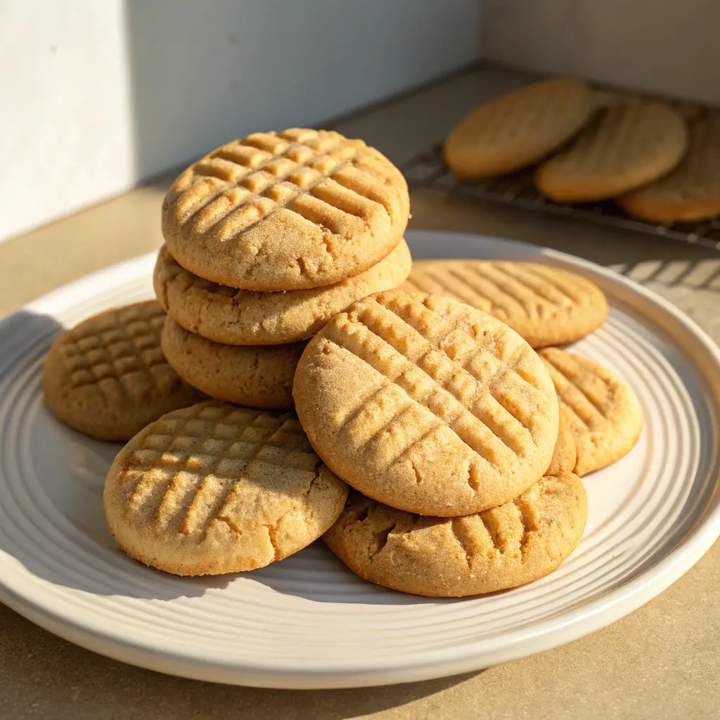 Generate an image of a pile of freshly baked peanut butter cookies. The cookies should be round and slightly flattened, with a criss-cross pattern on top. The cookies should be a light golden brown color and appear soft and chewy