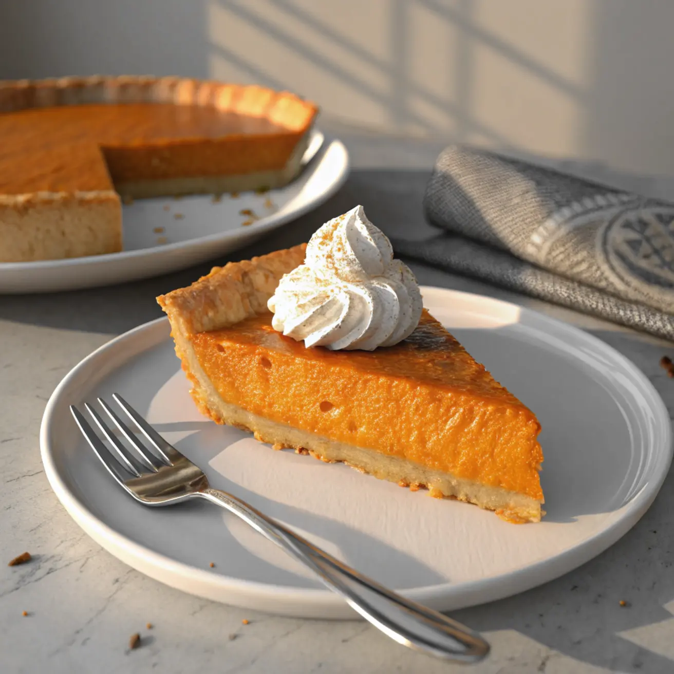 This image features a slice of sweet potato pie on a white plate. The pie has a golden-brown crust and a smooth, vibrant orange filling, characteristic of sweet potato pies. The slice is topped with a swirl of whipped cream, lightly sprinkled with cinnamon or nutmeg for garnish. A fork is placed beside the pie on the plate, ready for use. In the background, the remaining pie is visible on a separate plate with a slice missing. Soft lighting and shadows enhance the warm and inviting presentation, with a textured gray napkin folded nearby.