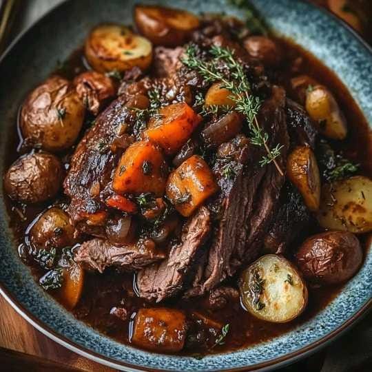 A slow-braised chuck roast infused with deep, savory flavors, paired with tender root vegetables for the ultimate comfort meal. Perfect for a cozy Sunday dinner or a special gathering.