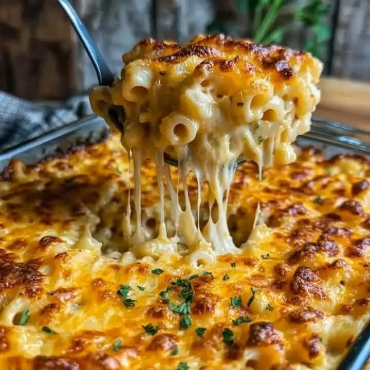 A close-up of a freshly baked creamy mac and cheese in a glass baking dish. A serving is being lifted with a spoon, showing gooey, melted cheese stretching between the pasta. The top layer is golden brown, crispy, and slightly bubbly, with a rich, cheesy texture. The dish is garnished with finely chopped herbs, adding a touch of color. The background has a rustic, warm ambiance with wooden tones and soft lighting, enhancing the comforting and inviting feel of the dish.