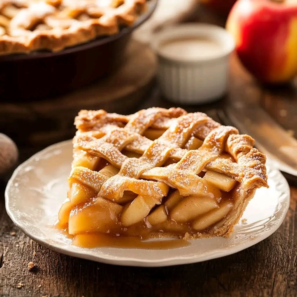 This famous apple pie recipe is a cherished family tradition passed down through generations. It has won multiple first-place awards in baking competitions and remains a favorite at family gatherings and holidays. With its perfectly balanced filling and flaky crust, this pie is sure to be a hit at your table! Ingredients For the Filling: 8 small Granny Smith apples (or another tart variety), peeled, cored, and thinly sliced ½ cup (1 stick) unsalted butter 3 tbsp all-purpose flour ½ cup white sugar ½ cup packed brown sugar ¼ cup water For the Pie Crust: 1 (9-inch) double-crust pie pastry (store-bought or homemade) Instructions: Prepare the Apples: Preheat your oven to 425°F (220°C). Peel, core, and thinly slice the apples. Set them aside. Make the Caramel Filling: In a medium saucepan, melt the butter over medium heat. Stir in the flour to form a paste and cook for 1–2 minutes until fragrant. Add the white sugar, brown sugar, and water, stirring well until the sugar dissolves completely. Bring the mixture to a gentle boil, then reduce the heat and simmer for 3–5 minutes until slightly thickened. Remove from heat and let it cool slightly. Prepare the Crust: Place one pie crust into a 9-inch pie pan, pressing it gently along the bottom and sides. Roll out the second crust and cut it into 8 strips (about 1 inch wide each) for a lattice topping. Assemble the Pie: Arrange the apple slices in the bottom crust, slightly mounding them in the center. Lay four pastry strips vertically over the apples. Weave the remaining four strips horizontally, lifting alternating vertical strips to create a lattice pattern. Trim any excess dough and pinch the edges to seal the crust. Add the Caramel Sauce: Slowly pour the butter-sugar mixture over the lattice crust, allowing it to seep through the apples. Brush some of the mixture over the lattice to enhance its color and flavor during baking. Bake: Place the pie in the oven and bake for 15 minutes at 425°F (220°C). Reduce the temperature to 350°F (175°C) and continue baking for 35–45 minutes, or until the apples are tender and the crust is golden brown. Cool and Serve: Allow the pie to cool before slicing to let the filling set. Serve warm with a scoop of vanilla ice cream or enjoy it on its own! Tips for the Best Apple Pie: Granny Smith apples are ideal for this recipe because they hold their shape and balance the sweetness of the sugar. Brushing the crust with an egg wash (1 beaten egg + 1 tbsp water) before baking will give it a shiny, golden finish. You can freeze the baked pie for up to 3 months—just reheat it in the oven before serving. Enjoy this family favorite pie, and let the sweet aroma fill your kitchen! 🥧🍏